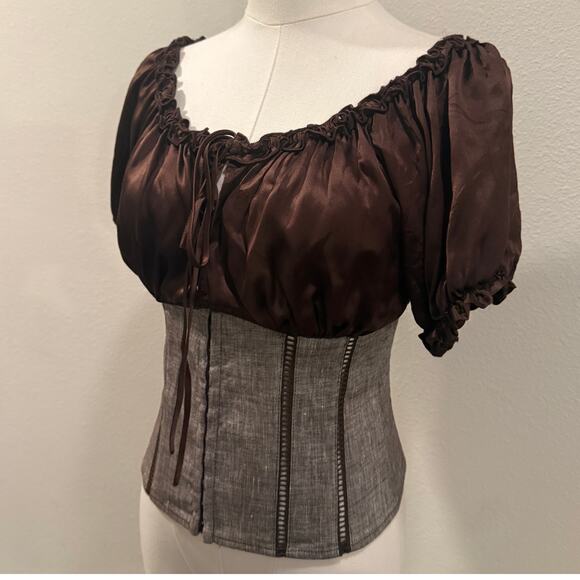 Vintage Bebe Corset Top Silk Milkmaid Chocolate Brown Y2K Coquette Cottagecore 6 - Picture 2 of 9